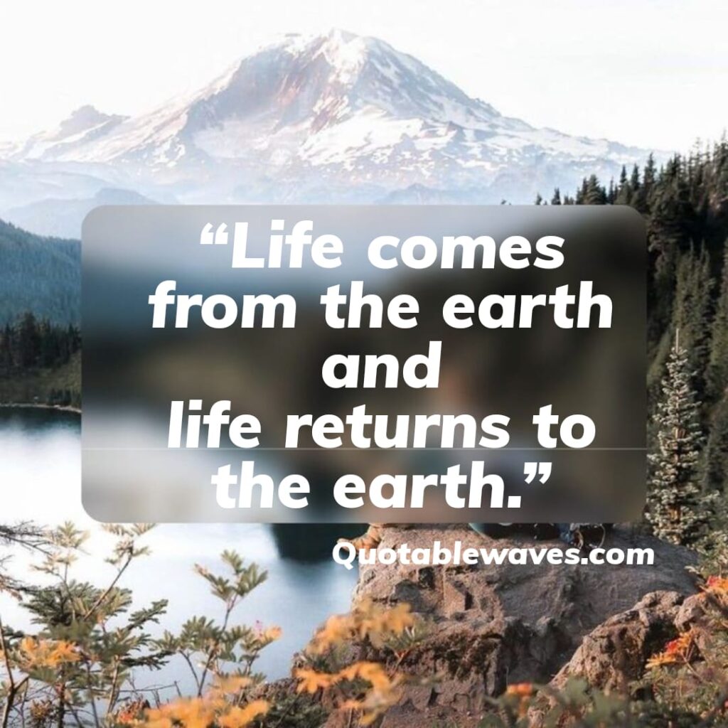 A tranquil image featuring a mountain in the background with a reflective lake in the foreground and forests, complementing a quote about life and earth.